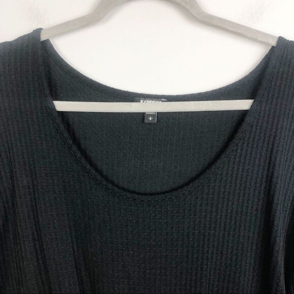 EXPRESS | Waffle Knit Black Long Sleeve Top Tie Front Scoopneck Women’s Large - Picture 4 of 9